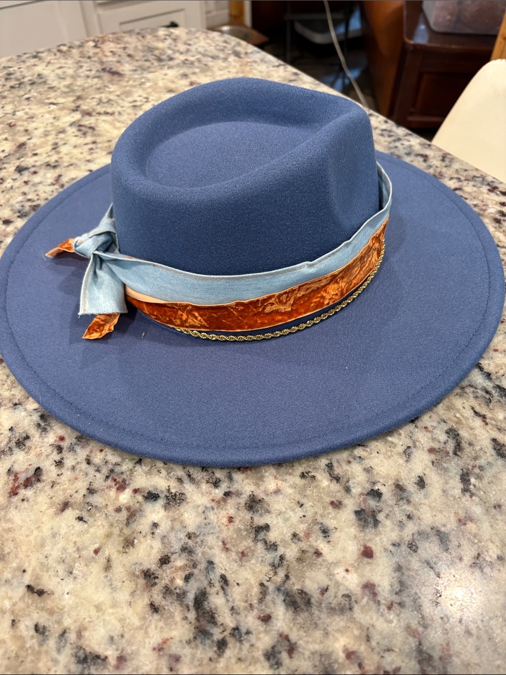 Wide Brim Blue Felt Hat with Contrasting Velvet Band